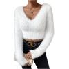 imageSweatyRocks Womens Fuzzy Fleece Long Sleeve V Neck Crop Sweater Casual Plain Slim Fit Warm Knitwear Sweater TopsWhite