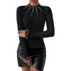 imageSweatyRocks Womens Long Sleeve Shirts Fitted Pearls Decro Mock Neck Knit Sweater Pullovers TopsBlack