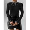 imageSweatyRocks Womens Long Sleeve Shirts Fitted Pearls Decro Mock Neck Knit Sweater Pullovers TopsBlack