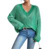 imageSweatyRocks Womens Striped V Neck Long Sleeve Sweater Drop Shoulder Loose Fit Pullover Knitwear TopGreen