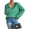 imageSweatyRocks Womens Striped V Neck Long Sleeve Sweater Drop Shoulder Loose Fit Pullover Knitwear TopGreen