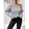 imageSweatyRocks Womens Striped V Neck Long Sleeve Sweater Drop Shoulder Loose Fit Pullover Knitwear TopGrey