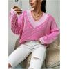 imageSweatyRocks Womens Striped V Neck Long Sleeve Sweater Drop Shoulder Loose Fit Pullover Knitwear TopHot Pink