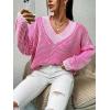 imageSweatyRocks Womens Striped V Neck Long Sleeve Sweater Drop Shoulder Loose Fit Pullover Knitwear TopHot Pink