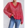 imageSweatyRocks Womens Striped V Neck Long Sleeve Sweater Drop Shoulder Loose Fit Pullover Knitwear TopRed