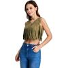 imageSweatyRocks Womens Suede Fringe Trim Sleeveless Crop Vest Jacket Button Front CoatArmy Green
