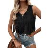 imageSweatyRocks Womens Suede Fringe Trim Sleeveless Crop Vest Jacket Button Front CoatBlack