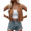 imageSweatyRocks Womens Suede Fringe Trim Sleeveless Crop Vest Jacket Button Front CoatCoffee Brown
