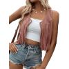 imageSweatyRocks Womens Suede Fringe Trim Sleeveless Crop Vest Jacket Button Front CoatDusty Pink