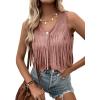 imageSweatyRocks Womens Suede Fringe Trim Sleeveless Crop Vest Jacket Button Front CoatDusty Pink