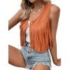 imageSweatyRocks Womens Suede Fringe Trim Sleeveless Crop Vest Jacket Button Front CoatOrange