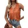 imageSweatyRocks Womens Suede Fringe Trim Sleeveless Crop Vest Jacket Button Front CoatOrange