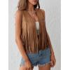 imageSweatyRocks Womens Suede Fringe Trim Sleeveless Crop Vest Jacket Button Front CoatPure Brown