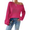 imageSweatyRocks Womens Casual Lantern Long Sleeve Sweaters Crew Neck Ribbed Knitted Pullover TopsHot Pink