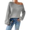 imageSweatyRocks Womens Casual Lantern Long Sleeve Sweaters Crew Neck Ribbed Knitted Pullover TopsLight Grey