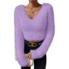 imageSweatyRocks Womens Fuzzy Fleece Long Sleeve V Neck Crop Sweater Casual Plain Slim Fit Warm Knitwear Sweater TopsPurple