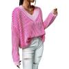imageSweatyRocks Womens Striped V Neck Long Sleeve Sweater Drop Shoulder Loose Fit Pullover Knitwear TopHot Pink