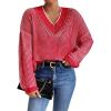 imageSweatyRocks Womens Striped V Neck Long Sleeve Sweater Drop Shoulder Loose Fit Pullover Knitwear TopRed