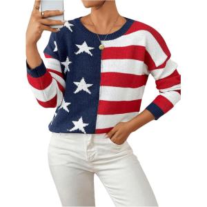 imageSweatyRocks Womens American Flag Sweater USA Star Striped Knit Sweater Crew Neck Pullover Long Sleeve TopMulticolored