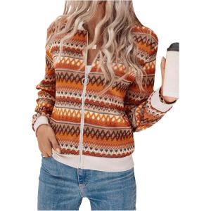 imageSweatyRocks Womens Boho Geo Print Bomber Jackets Zip Up Collar Long Sleeve Outerwear CoatsMulticolor
