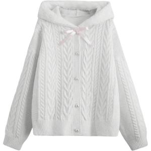 imageSweatyRocks Womens Button Down Long Sleeve Cable Knit Fuzzy Hooded Cardigan SweaterWhite