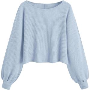 imageSweatyRocks Womens Casual Crewneck Raglan Long Sleeve Ribbed Knit Crop Top Cropped SweaterBlue