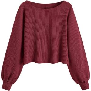 imageSweatyRocks Womens Casual Crewneck Raglan Long Sleeve Ribbed Knit Crop Top Cropped SweaterBurgundy