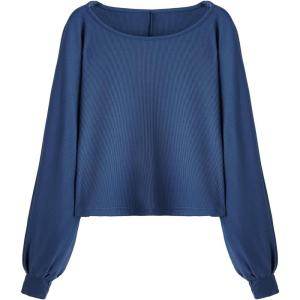 imageSweatyRocks Womens Casual Crewneck Raglan Long Sleeve Ribbed Knit Crop Top Cropped SweaterDark Blue
