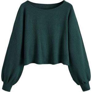 imageSweatyRocks Womens Casual Crewneck Raglan Long Sleeve Ribbed Knit Crop Top Cropped SweaterDeep Green