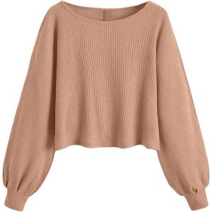 imageSweatyRocks Womens Casual Crewneck Raglan Long Sleeve Ribbed Knit Crop Top Cropped SweaterKhaki