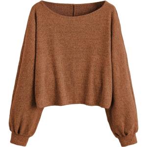 imageSweatyRocks Womens Casual Crewneck Raglan Long Sleeve Ribbed Knit Crop Top Cropped SweaterPlain Brown