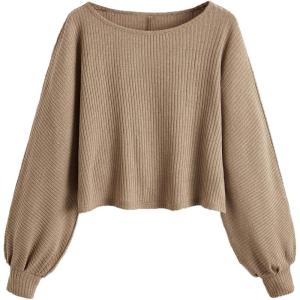 imageSweatyRocks Womens Casual Crewneck Raglan Long Sleeve Ribbed Knit Crop Top Cropped SweaterPlain Khaki