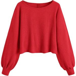 imageSweatyRocks Womens Casual Crewneck Raglan Long Sleeve Ribbed Knit Crop Top Cropped SweaterRed