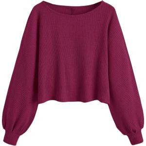 imageSweatyRocks Womens Casual Crewneck Raglan Long Sleeve Ribbed Knit Crop Top Cropped SweaterRed Violet