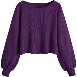 imageSweatyRocks Womens Casual Crewneck Raglan Long Sleeve Ribbed Knit Crop Top Cropped SweaterViolet Purple