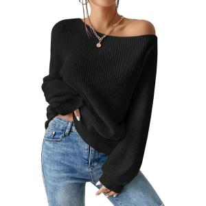 imageSweatyRocks Womens Casual Lantern Long Sleeve Sweaters Crew Neck Ribbed Knitted Pullover TopsBlack
