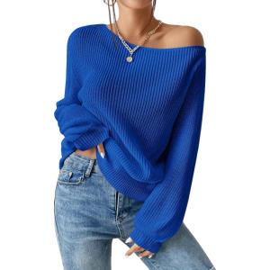 imageSweatyRocks Womens Casual Lantern Long Sleeve Sweaters Crew Neck Ribbed Knitted Pullover TopsBlue