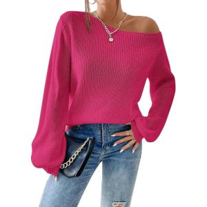 imageSweatyRocks Womens Casual Lantern Long Sleeve Sweaters Crew Neck Ribbed Knitted Pullover TopsHot Pink