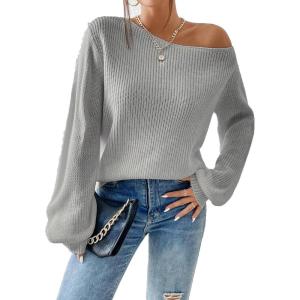 imageSweatyRocks Womens Casual Lantern Long Sleeve Sweaters Crew Neck Ribbed Knitted Pullover TopsLight Grey