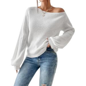 imageSweatyRocks Womens Casual Lantern Long Sleeve Sweaters Crew Neck Ribbed Knitted Pullover TopsWhite