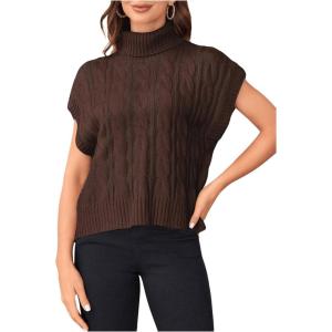 imageSweatyRocks Womens Casual Sleeveless Turtle Neck Sweater Vest Cable Knitted Solid Crop Tank TopChocolate Brown