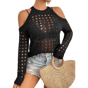 imageSweatyRocks Womens Cold Shoulder Sweater Hollow Out Crew Neck Long Sleeve Pullover TopsBlack
