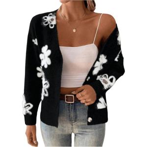 imageSweatyRocks Womens Floral Print Long Sleeve Button Down Cardigans Sweater Casual Drop Shoulder V Neck OutwearBlack