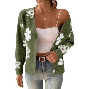imageSweatyRocks Womens Floral Print Long Sleeve Button Down Cardigans Sweater Casual Drop Shoulder V Neck OutwearOlive Green