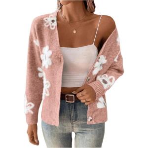 imageSweatyRocks Womens Floral Print Long Sleeve Button Down Cardigans Sweater Casual Drop Shoulder V Neck OutwearPink
