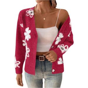 imageSweatyRocks Womens Floral Print Long Sleeve Button Down Cardigans Sweater Casual Drop Shoulder V Neck OutwearRed