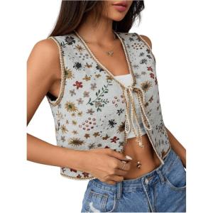 imageSweatyRocks Womens Floral Print Vest Tie Front V Neck Sleeveless Crop Vest OuterwearMulticolor