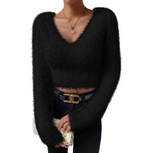 imageSweatyRocks Womens Fuzzy Fleece Long Sleeve V Neck Crop Sweater Casual Plain Slim Fit Warm Knitwear Sweater TopsBlack