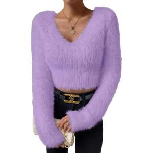imageSweatyRocks Womens Fuzzy Fleece Long Sleeve V Neck Crop Sweater Casual Plain Slim Fit Warm Knitwear Sweater TopsPurple