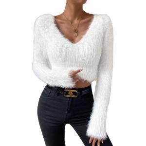 imageSweatyRocks Womens Fuzzy Fleece Long Sleeve V Neck Crop Sweater Casual Plain Slim Fit Warm Knitwear Sweater TopsWhite